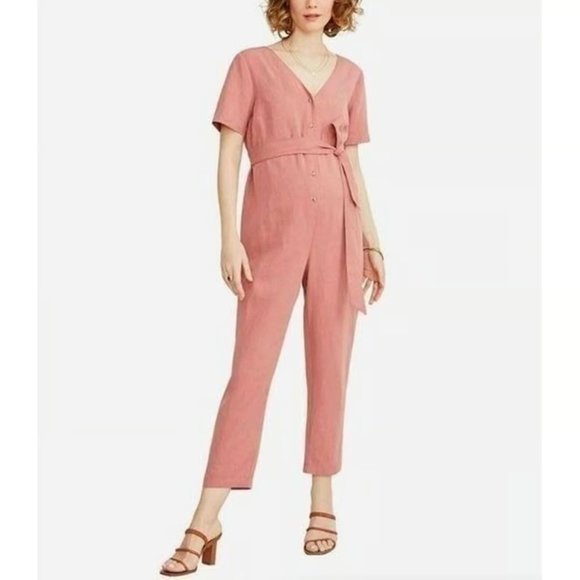 Hatch Pants - Hatch The Noelle Jumpsuit Maternity Size Small Pink Linen Blend Short Sleeve